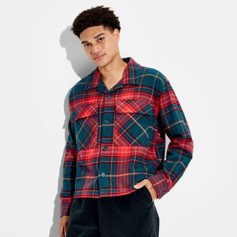 Men's Checked Cropped Flannel Camp Shirt - Original Use Red S